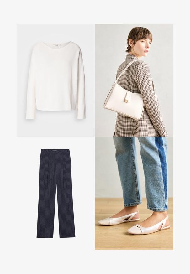 Top de manga longa, com decote redondo, em tecido branco leve e suave com um ajuste relaxado. Apresenta uma bainha limpa e sem hardware visível.; Calças largas azul marinho com riscas verticais brancas, com uma cintura ajustada e pregas frontais para um ajuste estruturado.; Sapatilhas slingback de cor rosa pálido com bico fino, feitas de um material semelhante a couro liso. Apresentam detalhes recortados nas laterais e um salto plano.; Bolsa de mão em couro branco com um design estruturado, apresentando um fecho magnético e uma alça de ombro, exibida sobre um fundo neutro.