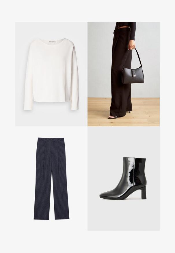 Majica dolgih rokavov, okroglega izreza iz mehke, lahke bele tkanine z sproščenim krojem. Ima čist rob in brez vidnih dodatkov.; Temno moderne hlače širokega kroja z navpičnimi belimi črtami, ki imajo oblikovan pas in sprednje plise za strukturiran videz.; Črne lakirane gležnjarje z ošiljenim nosom in srednje visokim blokastim peto. Gladka tekstura in minimalističen dizajn.; Črna torbica z strukturirano obliko, gladko teksturo in kovinskim zaponko. Ujemajo se z širokimi črnimi hlačami in odprtimi sandali na lesenem tleh.