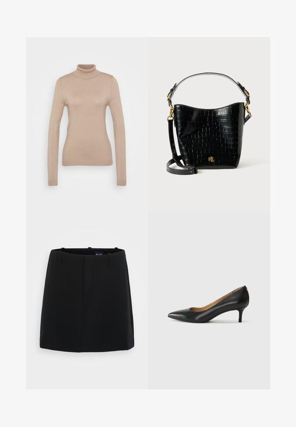 Jersey de cuello alto beige hecho de una suave tela de punto. Presenta mangas largas, un diseño ajustado y un cuello y dobladillo acanalados.; Falda negra con una textura de tela suave, diseño minimalista, dos bolsillos frontales y longitud hasta el medio muslo. Incluye trabillas en la cintura.; Zapato de tacón negro de cuero con punta afilada, tacón bajo y textura suave. Presenta una ligera apertura en la parte frontal y un hardware minimalista en la parte trasera.; Bolso de cuero negro con estampado de cocodrilo, de forma curvada, con detalles de hardware dorado, una correa ajustable y un logo en la parte frontal.