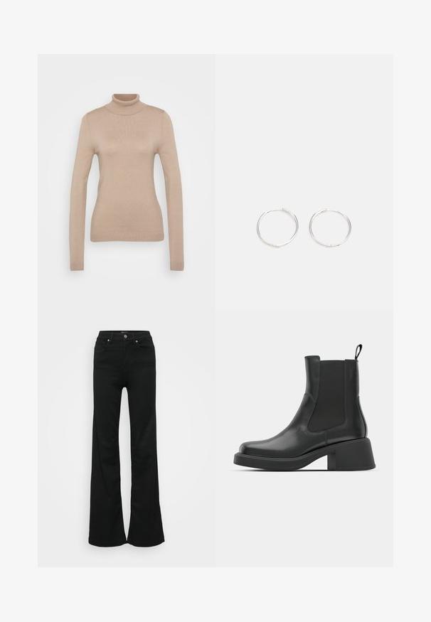 Pulover bej cu guler înalt, realizat dintr-o țesătură tricotată moale. Are mâneci lungi, un design ajustat și un guler și tiv cu nervuri.; Jeans negri evazați din denim, cu talie înaltă, cinci buzunare și închidere cu nasture metalic. Textură netedă, cu detalii minime.; Botine negre din piele, cu panouri elastice pe laterale, vârf rotund și toc gros. Textură netedă cu un design minimalist.; Cercei din argint cu un design elegant și rotund, având o suprafață netedă și fără embellismente vizibile. Diametrul nu este specificat.