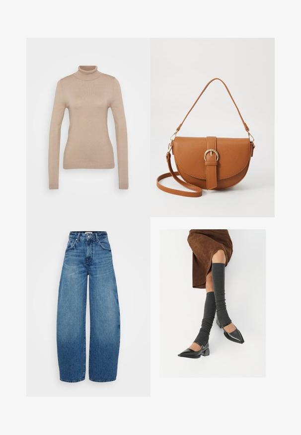 Beige turtleneck neulepaita, joka on valmistettu pehmeästä neulekankaasta. Siinä on pitkät hihat, istuva malli sekä ribbireunukset kauluksessa ja helmassa.; Laaja lahje tummansinisiä farkkuja, joissa on korkeavyötärö, ja jotka esittävät vaaleasta tumman sävyyn liukuvärjättyä wash-efektiä, etutaskut ja nappikiinnitys.; Musta lakattu nahkakengät teräväkärkisillä, leveällä kantapäällä ja nilkkahihnalla, yhdistettynä harmaisiin ribattuihin säärystimiin ja ruskeaan mokkasiinimekkoon.; Ruskean nahkainen olkalaukku, jossa on kaareva muoto, kultaiset yksityiskohdat ja solkiyksityiskohta. Varustettu irrotettavalla olkahihnalla.