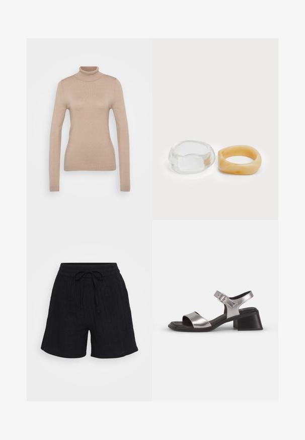 Bežový rolák vyrobený z mäkkej pleteniny. Má dlhé rukávy, priliehavý strih a rebrovaný výstrih a lem.; Čierne ľanové šortky s elastickým pásom, nastaviteľnou šnúrkou a jemnou vertikálnou textúrou. Voľný strih, dĺžka po polovicu stehna.; Strieborné kožené sandále s otvorenou špičkou, obsahujúce široký predný remienok, remienok okolo členka so sponou a stredne vysoký blokový opatok.; Priehľadné a jantárové prstene z živice, jeden je hladký a priesvitný, druhý má textúrovaný jantárový povrch. Obe sú zaoblené a robustné.