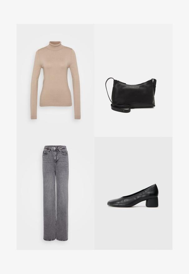 Sweater de gola alta bege feito de um tecido de malha suave. Apresenta mangas longas, design ajustado e um decote e bainha canelados.; Jeans cinzentos de cintura alta com um design de perna reta, fecho de botão e zíper, cinco bolsos e um acabamento de denim texturizado.; Sapato de salto preto em couro com bico arredondado e salto médio bloco. Textura suave com detalhes mínimos, apresentando uma abertura elástica discreta.; Bolsa de ombro em pele preta com textura suave, forma curva, alça ajustável e fecho com zip. Design minimalista sem adornos.