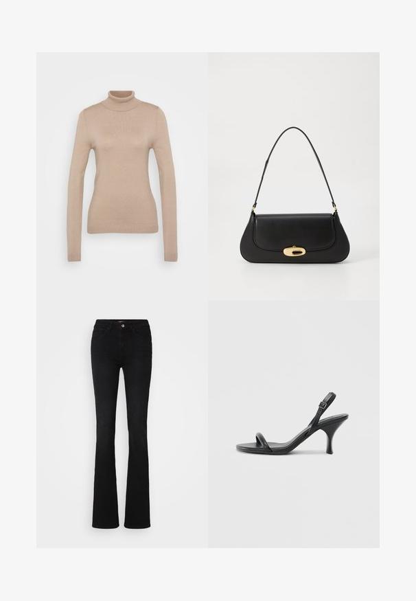 Beige garbónyakú pulóver puha kötött anyagból. Hosszú ujjakkal, testhezálló fazonnal, bordás nyakkivágással és szegéllyel rendelkezik.; Fekete, harang szabású farmernadrág, klasszikus öt zsebes dizájnnal, diszkrét varrással és elülső gombos záródással.; Fekete bőrből készült, magassarkú szandál, vékony, ívelt sarokkal és keresztben átkötött pántokkal. Állítható bokapánt. Sima felület.; Fekete bőr táska ívelt kialakítással, arany színű fémrészletekkel és felső fogantyúval. Csúszásmentes záródás és sima textúra jellemzi.