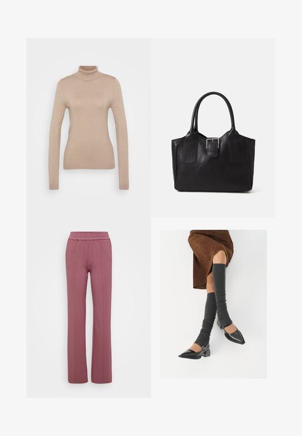 Bežs augstais kakls džemperis, kas izgatavots no mīkstas dzijas. Tam ir garas piedurknes, pieguļoša piegriezuma un ribota apkakle un apakšmala.; Gaiša mauve krāsas taisno kāju bikses ar elastīgu jostu. Izgatavotas no mīksta materiāla, ar vertikālām šuvēm, kas nodrošina elegantu izskatu.; Melnas laka ādas apavi ar norādītu purngalu, blokveida papēdi un potīšu jostu, saskaņoti ar pelēkām ribotām kāju sildītājām un brūnu zamšādas svārku.; Melnas ādas somiņa ar gludu tekstūru, strukturētu formu, divām rokturām un izteiktu sudraba sprādzi priekšpusē.