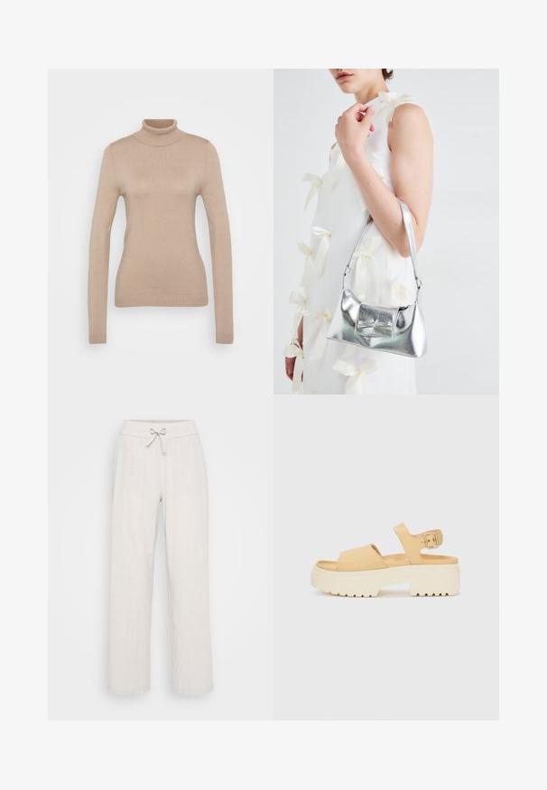 Kreminis megztinis su aukšta apykakle, pagamintas iš minkštos megztos medžiagos. Yra ilgos rankovės, prigludusi forma ir raukšlėta apykaklė bei apačia.; Šviesiai smėlio spalvos lininės kelnės su plačiais klešniais, elastingu juosmeniu ir priekiniu raiščiu. Tekstūruotas audinys suteikia vizualinės įvairovės.; Geltonos dirbtinės odos šlepetės su masyviu baltu platformos padu. Savybės: dvi plačios juostos ir reguliuojama kulkšnies juosta su metaliniu sagtimi.; Sidabrinė metalinė rankinė su struktūrizuota forma, turinti viršutinę rankeną ir kaspiną priekyje. Lygi tekstūra, atspindinti apdaila.