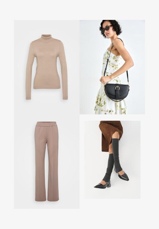 Beige turtleneck neulepaita, joka on valmistettu pehmeästä neulekankaasta. Siinä on pitkät hihat, istuva malli sekä ribbireunukset kauluksessa ja helmassa.; Housut pehmeästä, vaaleanruskeasta kankaasta, jossa on leveät lahkeet. Varustettu joustavalla vyötärönauhalla ja kahdella etupuolella taittoviivalla.; Musta lakattu nahkakengät teräväkärkisillä, leveällä kantapäällä ja nilkkahihnalla, yhdistettynä harmaisiin ribattuihin säärystimiin ja ruskeaan mokkasiinimekkoon.; Musta nahkainen käsilaukku, joka on kaareva muotoilultaan, irrotettavalla hihnalla ja kultaisilla yksityiskohdilla. Laukussa on läppä, jossa on solk yksityiskohta.