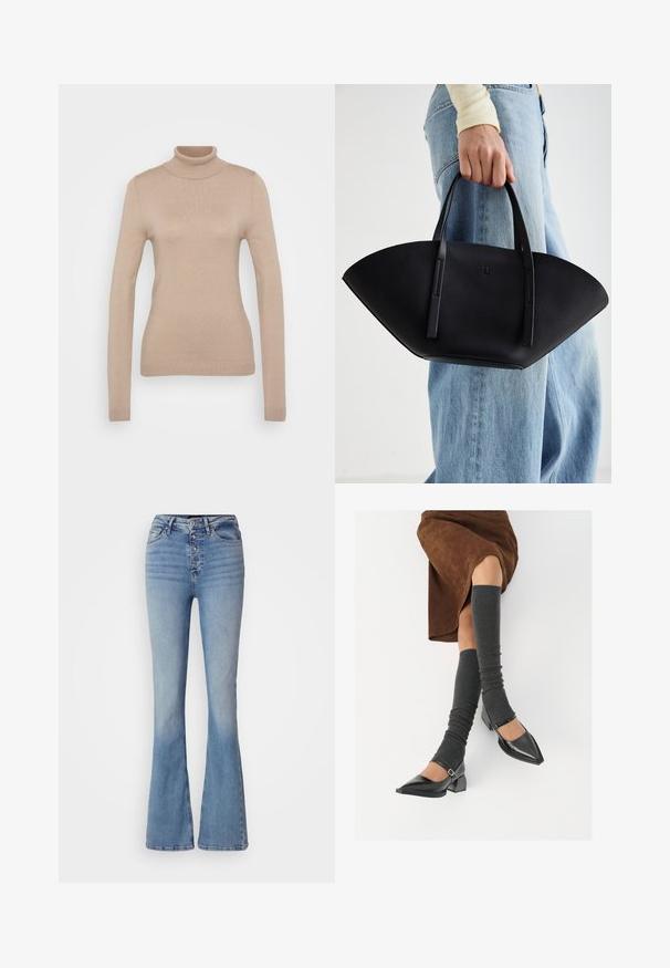 Sweater de gola alta bege feito de um tecido de malha suave. Apresenta mangas longas, design ajustado e um decote e bainha canelados.; Calças de ganga azuis claro com boca de sino, destacando-se pela cintura alta, fecho de cinco botões e desvanecimento subtil. Textura suave com costuras e bainhas cozidas.; Sapatos pretos de pele lacada com biqueira pontuda, salto bloco e tiras no tornozelo, combinados com caneleiras cinzas em malha e uma saia de camurça castanha.; Bolsa de mão em couro preto com uma forma única em leque, apresentando alças planas. A superfície tem uma textura pebble e um design minimalista.