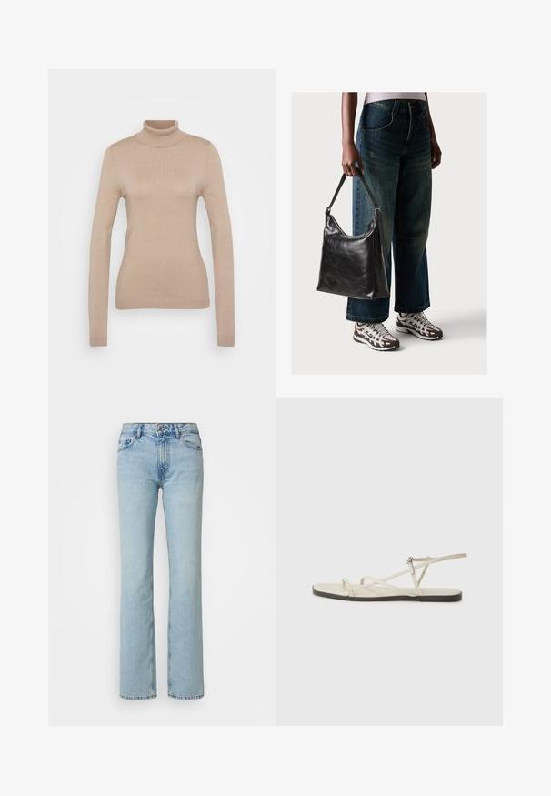 Beige rolák vyrobený z měkké pleteniny. Má dlouhé rukávy, přiléhavý střih a žebrovaný výstřih a lem.; Gina Tricot Tall LOW - Džíny Straight Fit - light blue; Béžové ploché sandály s několika štíhlými pásky a nastavitelnou přezkou. Podešev je plochá s mírným tmavým kontrastem na okraji.; Černá kožená kabelka přes rameno se hladkým povrchem a nastavitelným popruhem, spárovaná s vybledlými džínami širokého střihu a sportovními teniskami.