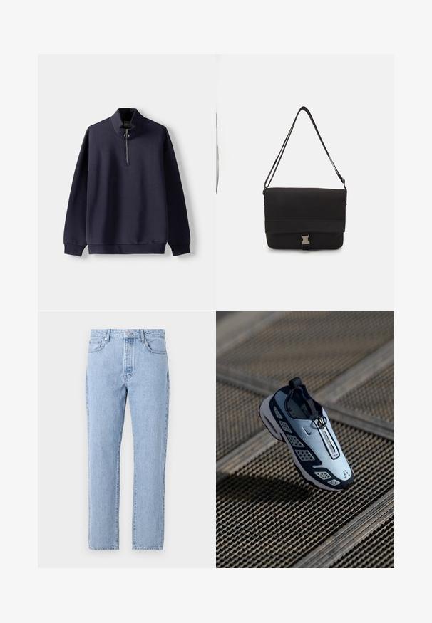 Navy pullover sweatshirt with a high collar, half zip, soft texture, and long sleeves. Features a ring pull zipper detail.; Light blue denim jeans with a straight-leg design, five pockets, and a button-fly closure. Soft texture with a classic faded finish.; Nike sneaker features a slip-on design with light blue upper, black accents, and perforated side panels. Rounded toe and textured sole.; Black messenger bag made of smooth material, featuring a fold-over flap, silver clasp hardware, and an adjustable shoulder strap.
