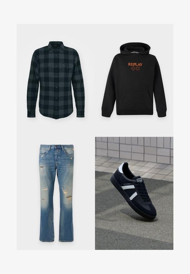 Zwarte hoodie gemaakt van een katoenmix met een kangoeroezak. Bevat een oranje 'REPLAY' logo en plus tekens aan de voorkant.; Zwart en grijs geruite flanellen shirt met een button-down voorkant, twee borstzakken en een ronde zoom; zachte textuur en lange mouwen.; Zwarte katoenen t-shirt met korte mouwen, ronde hals, met een rood "REPLAY" logo en symbolen gecentreerd op de borst.; Lichtblauwe denim jeans met een relaxed fit, voorzien van versleten details en rafelige patches, met een standaard vijf-pocket ontwerp en knoopsluiting.; Zwarte leren sneaker met witte strepen, een gestructureerde rubberen zool en vetersluiting aan de voorkant. Voorzien van een merklabel op de tong.