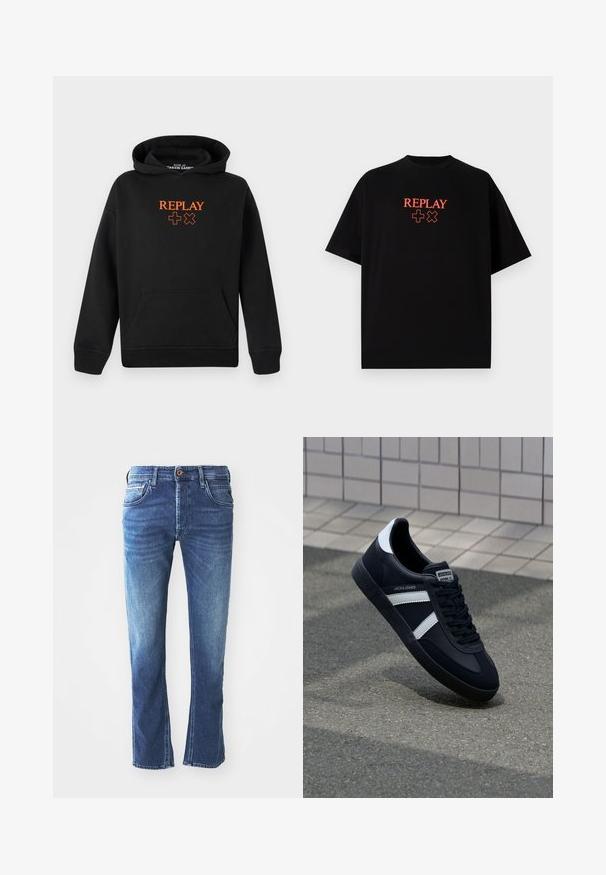 Musta huppari, joka on valmistettu puuvillasekoitteesta ja jossa on kengurupocket. Etupuolella on oranssi "REPLAY"-logo ja plusmerkkejä.; Musta puuvillapaita lyhyillä hihoilla, pyöreä kaula-aukko, johon on keskittynyt punainen "REPLAY"-logo ja symboleita rinnassa.; Tummansininen farkkuhousut suoranlahkeisella muotoilulla, joissa on viisi taskua, ruskea napp closures ja hienovarainen vaalea kuluminen reiden alueella.; Mustat nahkakengät valkoisilla raidoilla, teksturoitu kumipohja ja nauha edessä. Varustettu merkkitarralla kielen päällä.