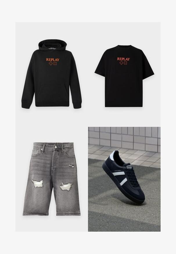 Mustast puuvillasegust kapuutsiga sviiter, millel on känguru-tasku. Ees on oranz "REPLAY" logo ja plussmärkide mustrid.; Must have lühikeste varrukatega must puuvillane T-särk, ümar kaelus, millel on keskelt rinnal punane "REPLAY" logo ja sümbolid.; Hallidehalli hallid teksapüksid, millel on pleekinud viimistlus, kahel kulunud kohapeal ja viie taskuga disain. Metallist nööp ja lukuga sulgemine.; Must have musta sneaker musta valgete triipudega, tekstuurne kummitald ja nööridega esiosa. Omab bränditud märki keele peal.