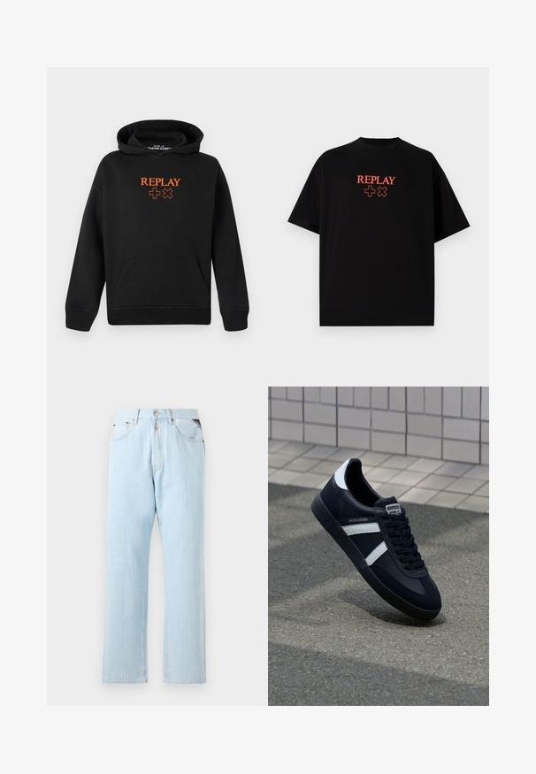 Černá mikina s kapucí vyrobená z bavlněné směsi s klokaní kapsou. Na přední straně má oranžové logo "REPLAY" a plusové znaky.; Černé bavlněné tričko s krátkým rukávem a kulatým výstřihem, s červeným logem "REPLAY" a symboly umístěnými uprostřed na hrudi.; Světle modré džíny z denimu se střihu se rovnými nohavicemi. Mají zapínání na knoflík a zip, pět kapes a kontrastní švy.; Černé kožené tenisky s bílými pruhy, texturovanou gumovou podrážkou a šněrováním vpředu. Obsahují značenou etiketu na jazyku.