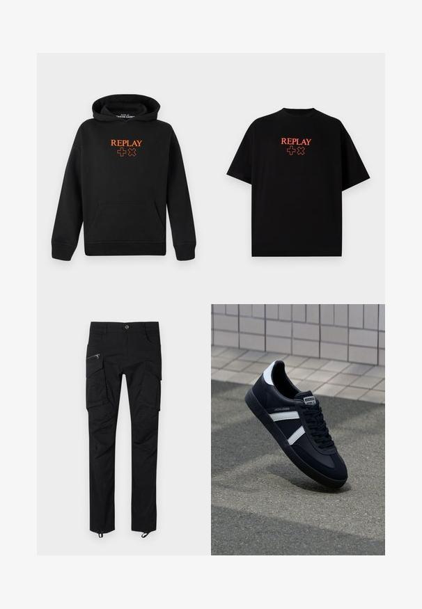 Zwarte hoodie gemaakt van een katoenmix met een kangoeroezak. Bevat een oranje 'REPLAY' logo en plus tekens aan de voorkant.; Zwarte katoenen t-shirt met korte mouwen, ronde hals, met een rood "REPLAY" logo en symbolen gecentreerd op de borst.; Zwarte cargobroek van duurzaam materiaal met meerdere zakken, ritssluitingen en een verstelbare zoom voor een veilige pasvorm.; Zwarte leren sneaker met witte strepen, een gestructureerde rubberen zool en vetersluiting aan de voorkant. Voorzien van een merklabel op de tong.