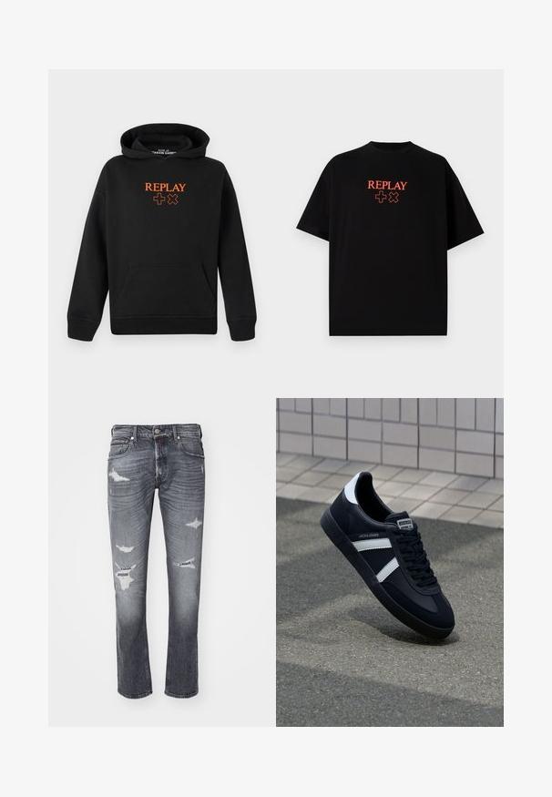 Svart hoodie gjord av en bomullsblandning med en känguruficka. Har orange "REPLAY"-logotyp och plustecken på framsidan.; Svart bomullströja med kort ärm, rund hals, med en röd "REPLAY"-logotyp och symboler centrerade på bröstet.; Replay GROVER PANTS - Jeans straight leg - dark grey; Svart lädersneaker med vita ränder, texturerad gummisul, och snörning fram. Har en märkesskylt på tungan.