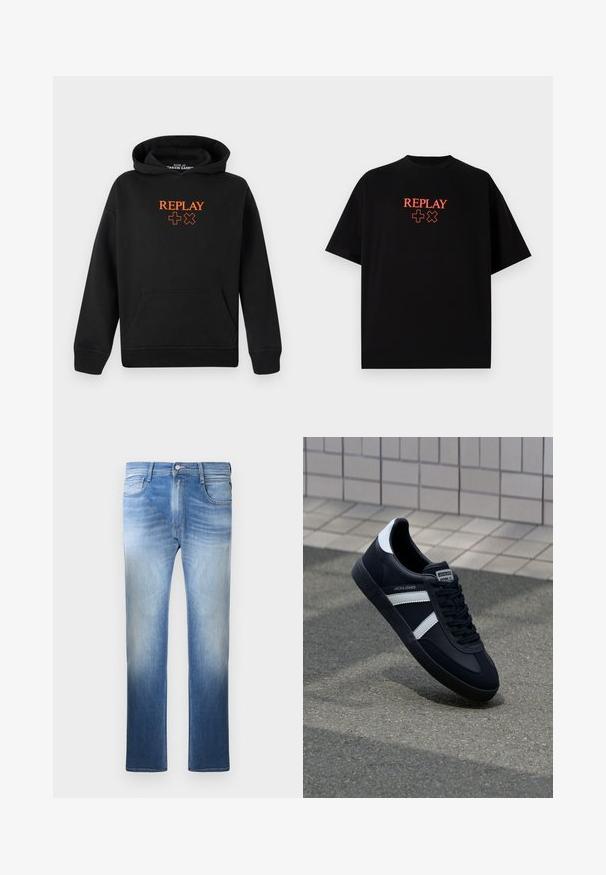 Sudadera negra hecha de mezcla de algodón con un bolsillo tipo canguro. Presenta un logo naranja "REPLAY" y signos de más en la parte delantera.; Camiseta de algodón negra con mangas cortas, cuello redondo, que presenta un logo rojo de "REPLAY" y símbolos alineados centralmente en el pecho.; Jeans de mezclilla azul claro con un lavado desgastado, diseño de pierna recta, cinco bolsillos y acentos de costura alrededor de la cinturilla y los bolsillos.; Zapatilla de cuero negra con rayas blancas, suela de goma texturizada y parte frontal con cordones. Cuenta con una etiqueta de marca en la lengüeta.