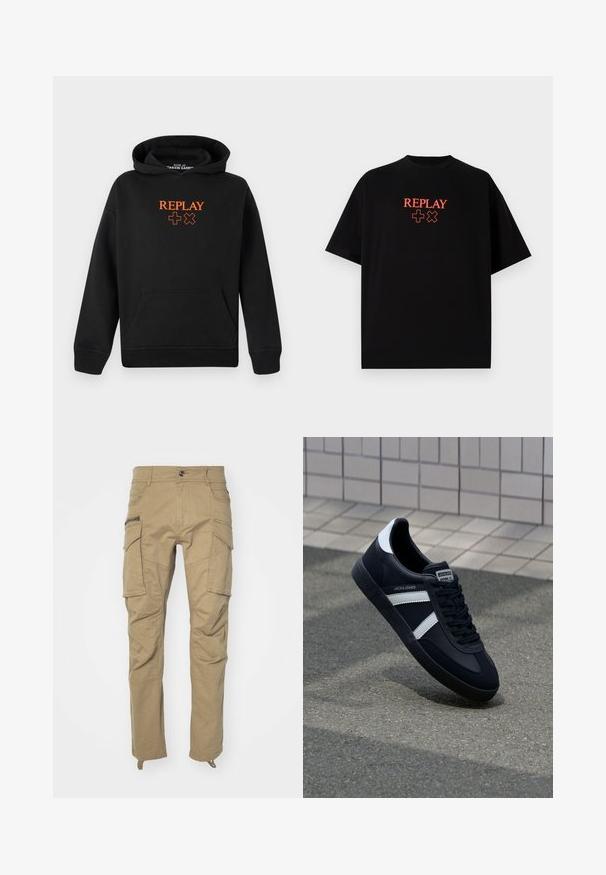 Melns kapuci, kas izgatavota no kokvilnas maisījuma, ar kangurū kabatu. Priekšpusē ir oranžs "REPLAY" logotips un plusa zīmes.; Melns kokvilnas T-krekls ar īsām piedurknēm, apaļu kakla izgriezumu, ar sarkanu "REPLAY" logo un simboliem centrāli uz krūšu daļas.; Zaļīgs gaišs krāsojums, ar vairākām sānu kabatām, pogu jostasvietu, sašaurinātiem leņķiem un mīkstu, izturīgu audumu. Pastiprināta šuvju kvalitāte.; Melnā ādas sporta apavi ar baltām svītrām, teksturēta gumijas zole un auklu aizdare. Iekļauj zīmola etiķeti uz mēles.