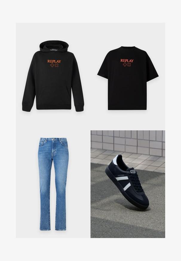 Mustast puuvillasegust kapuutsiga sviiter, millel on känguru-tasku. Ees on oranz "REPLAY" logo ja plussmärkide mustrid.; Must have lühikeste varrukatega must puuvillane T-särk, ümar kaelus, millel on keskelt rinnal punane "REPLAY" logo ja sümbolid.; Heledad helesinine teksad otse sääre disainiga, keskmise kõrgusega vöökoht ja viie tasku stiil. Omab nähtavat õmblust ja nup Closure'i.; Must have musta sneaker musta valgete triipudega, tekstuurne kummitald ja nööridega esiosa. Omab bränditud märki keele peal.