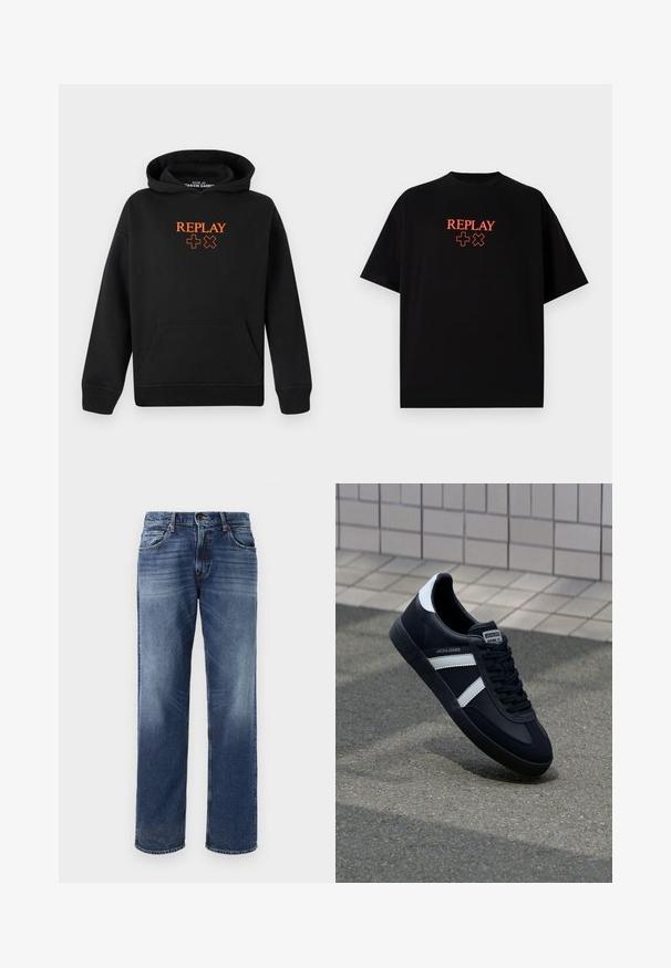 Černá mikina s kapucí vyrobená z bavlněné směsi s klokaní kapsou. Na přední straně má oranžové logo "REPLAY" a plusové znaky.; Černé bavlněné tričko s krátkým rukávem a kulatým výstřihem, s červeným logem "REPLAY" a symboly umístěnými uprostřed na hrudi.; Pánské modré džínové kalhoty s rovnými nohavicemi, mírným vyblednutím, pěti kapsami a zapínáním na knoflík.; Černé kožené tenisky s bílými pruhy, texturovanou gumovou podrážkou a šněrováním vpředu. Obsahují značenou etiketu na jazyku.