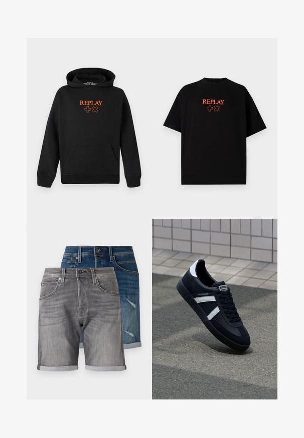Musta huppari, joka on valmistettu puuvillasekoitteesta ja jossa on kengurupocket. Etupuolella on oranssi "REPLAY"-logo ja plusmerkkejä.; Musta puuvillapaita lyhyillä hihoilla, pyöreä kaula-aukko, johon on keskittynyt punainen "REPLAY"-logo ja symboleita rinnassa.; Tummansiniset ja harmaat farkkushortsit. Ominaisuuksiin kuuluvat käännetyt helmät, taskut ja haalistunut pinta tummansinisissä shortseissa, joissa on kulutettuja yksityiskohtia.; Mustat nahkakengät valkoisilla raidoilla, teksturoitu kumipohja ja nauha edessä. Varustettu merkkitarralla kielen päällä.