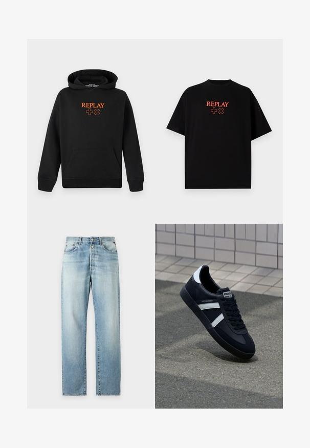 Juoda gobtuvė pagaminta iš medvilnės mišinio su kengūros kišene. Priekis puošia oranžinė "REPLAY" logotipas ir pliuso ženklai.; Juodas medvilninis marškinėlis trumpomis rankovėmis, apvaliu kaklu, su raudonu „REPLAY“ logotipu ir simboliais, išdėstytais centrinėje krūtinės dalyje.; Šviesiai mėlyni džinsai su tiesiomis kojomis, turintys klasikinį penkių kišenių išdėstymą ir mygtukų užtrauktuką. Išblukusi tekstūra visame paviršiuje.; Juodas odinis sportinis batelis su baltais dryžiais, tekstūruota gumine padais ir raišteliais priekyje. Yra prekės ženklą žymintis etiketė ant liežuvio.