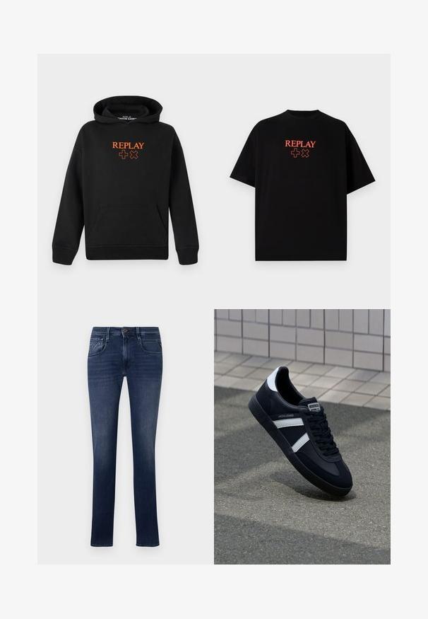 Crna kapuljača izrađena od mješavine pamuka s džepom za ruke. Sadrži narančasti logo "REPLAY" i plus znakove na prednjoj strani.; Crna pamučna majica s kratkim rukavima, okruglog ovratnika, sa crvenim "REPLAY" logotipom i simbolima centriranim na prsima.; Tamno plave traperice ravnog kroja, s pet džepova, suptilnim šavovima i jednim dugmetom za zatvaranje u struku.; Crne kožne tenisice s bijelim prugama, strukturirana gumena potplate i vezanjem sprijeda. Ima oznaku brenda na jeziku.