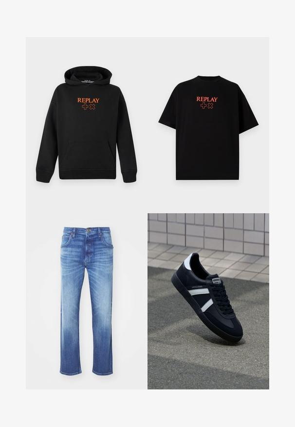 Sudadera negra hecha de mezcla de algodón con un bolsillo tipo canguro. Presenta un logo naranja "REPLAY" y signos de más en la parte delantera.; Camiseta de algodón negra con mangas cortas, cuello redondo, que presenta un logo rojo de "REPLAY" y símbolos alineados centralmente en el pecho.; Jeans de mezclilla azul con corte recto, que presentan un diseño desgastado, cinco bolsillos, cierre de botón de metal y una ligera textura desgastada.; Zapatilla de cuero negra con rayas blancas, suela de goma texturizada y parte frontal con cordones. Cuenta con una etiqueta de marca en la lengüeta.