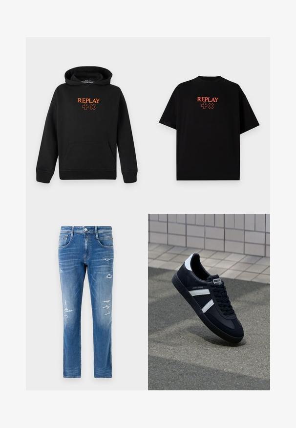 Svart hoodie gjord av en bomullsblandning med en känguruficka. Har orange "REPLAY"-logotyp och plustecken på framsidan.; Svart bomullströja med kort ärm, rund hals, med en röd "REPLAY"-logotyp och symboler centrerade på bröstet.; Denimjeans i en ljusblå tvätt med regular fit. Har slitna detaljer och subtila slitningar nära fickorna och vid knäna.; Svart lädersneaker med vita ränder, texturerad gummisul, och snörning fram. Har en märkesskylt på tungan.