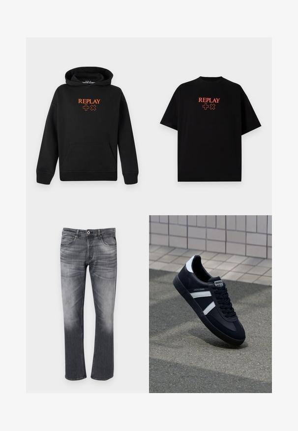 Svart hoodie gjord av en bomullsblandning med en känguruficka. Har orange "REPLAY"-logotyp och plustecken på framsidan.; Svart bomullströja med kort ärm, rund hals, med en röd "REPLAY"-logotyp och symboler centrerade på bröstet.; Grå denimjeans med en blekt finish. Har fem fickor, bältesslingor och kontrastsöm. Raka ben i stil med minimal hårdvara.; Svart lädersneaker med vita ränder, texturerad gummisul, och snörning fram. Har en märkesskylt på tungan.