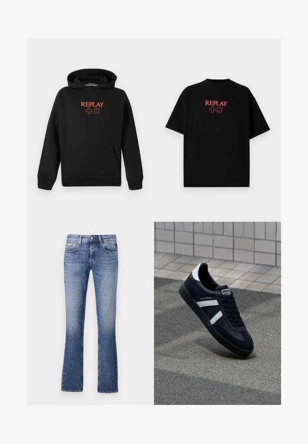 Svart hettegenser laget av bomullsblanding med kengurulomme. Har oransje "REPLAY"-logo og plusstegn på fronten.; Svart bomull t-skjorte med korte ermer, rund hals, med en rød "REPLAY" logo og symboler sentrert på brystet.; Lys blå denimjeans med buktende ben, med fem lommer, en frontlukking med knapp og subtil fading gjennom hele.; Sorte lærersneaker med hvite striper, teksturert gummihæl og snøring foran. Har et merketikett på tungen.