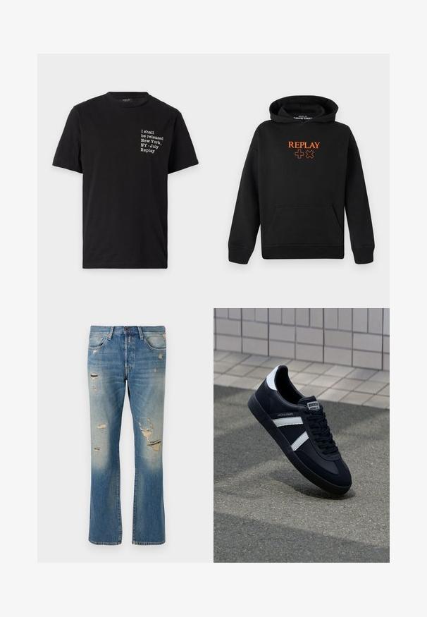 Melns kapuci, kas izgatavota no kokvilnas maisījuma, ar kangurū kabatu. Priekšpusē ir oranžs "REPLAY" logotips un plusa zīmes.; Melna kokvilnas T-krekls ar baltu tekstu: "Es tiksu atbrīvots Ņujorkā, NY - Jūlija atkārtojums," apaļa kakla izgriezums, īsas piedurknes.; Gaiši zili džinsi ar brīvu piegriezumu, ar nolietotiem elementiem un saplēstiem pleķiem, standarta piecu kabatu dizains un pogu aizdare.; Melnā ādas sporta apavi ar baltām svītrām, teksturēta gumijas zole un auklu aizdare. Iekļauj zīmola etiķeti uz mēles.