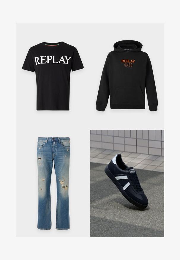 Sort hættetrøje lavet af bomuldsblanding med kengurulomme. Har orange "REPLAY" logo og plus-tegn på fronten.; Replay T-shirts print - black; Lyseblå denimjeans med afslappet pasform, der har slidte detaljer og frynset lapper, med standard fem-lomme-design og knaplukning.; Sort lædersneaker med hvide striber, tekstureret gummisål og snørrebånd foran. Har et brandet mærke på tungen.