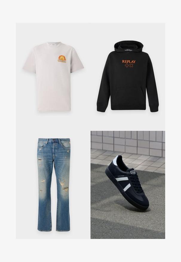 Juoda gobtuvė pagaminta iš medvilnės mišinio su kengūros kišene. Priekis puošia oranžinė "REPLAY" logotipas ir pliuso ženklai.; Šviesiai pilkas medvilnės marškinėliai su apvaliame kakle, su spalvinga oranžinės ir mėlynos spalvos "Lone Château Replay" grafika ant krūtinės.; Šviesiai mėlyni džinsai su laisvu kirpimu, pasižymintys nusidėvėjimo detalėmis ir suplėšytais lopais, su standartiniu penkių kišenių dizainu ir mygtukų uždarymu.; Juodas odinis sportinis batelis su baltais dryžiais, tekstūruota gumine padais ir raišteliais priekyje. Yra prekės ženklą žymintis etiketė ant liežuvio.