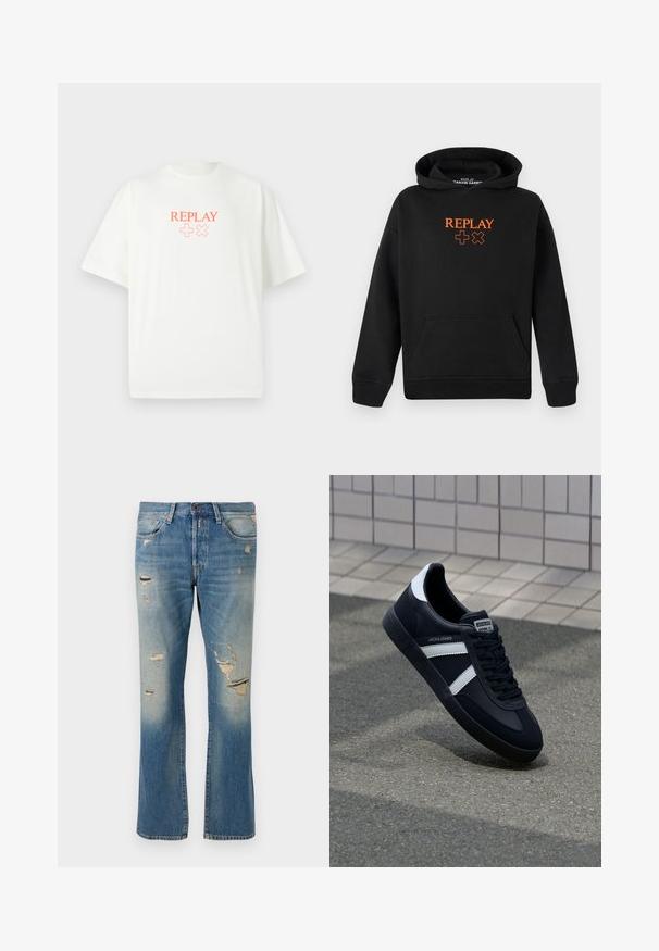 Fekete kapucnis pulóver pamut keverékből készült, kenguruzsebbel. Elöl narancssárga "REPLAY" logó és pluszjelekkel díszítve.; Fehér póló kerek nyakkal, rövid ujjakkal. Elöl narancssárga "REPLAY" felirat és "+", "×" szimbólumok találhatók. Puha anyag, laza szabású.; Világoskék farmernadrág, laza szabással, kopott részletekkel és foszlott foltokkal, hagyományos ötpocket kialakítással és gombos záródással.; Fekete bőr sportcipő fehér csíkokkal, textúrált gumitalppal és fűzős elejével. A nyelvén márkás címke található.