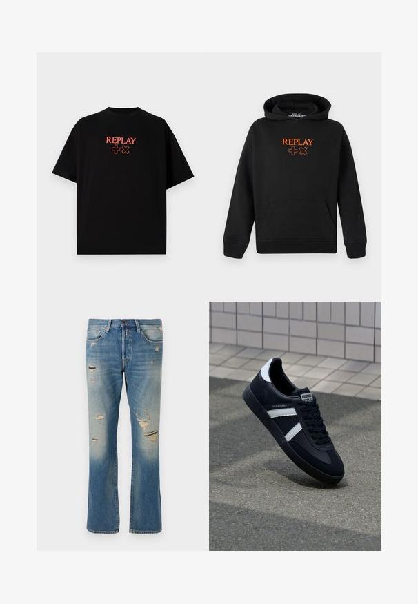 Juoda gobtuvė pagaminta iš medvilnės mišinio su kengūros kišene. Priekis puošia oranžinė "REPLAY" logotipas ir pliuso ženklai.; Juodas medvilninis marškinėlis trumpomis rankovėmis, apvaliu kaklu, su raudonu „REPLAY“ logotipu ir simboliais, išdėstytais centrinėje krūtinės dalyje.; Šviesiai mėlyni džinsai su laisvu kirpimu, pasižymintys nusidėvėjimo detalėmis ir suplėšytais lopais, su standartiniu penkių kišenių dizainu ir mygtukų uždarymu.; Juodas odinis sportinis batelis su baltais dryžiais, tekstūruota gumine padais ir raišteliais priekyje. Yra prekės ženklą žymintis etiketė ant liežuvio.