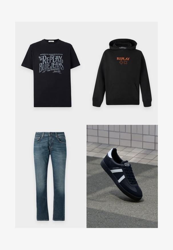 Juoda gobtuvė pagaminta iš medvilnės mišinio su kengūros kišene. Priekis puošia oranžinė "REPLAY" logotipas ir pliuso ženklai.; Juodas medvilnės marškinėliai trumpomis rankovėmis ir apvaliu iškirpimu, su vintage stiliaus balta ir šviesiai mėlyna grafine tekstine dizaino detalė priekyje.; Mėlynus džinsus su tiesiu kirpimu, išblukusiu audiniu, penkių kišenių dizainu ir kontrastingomis siūlėmis. Mygtuko ir užtrauktuko uždarymas.; Juodas odinis sportinis batelis su baltais dryžiais, tekstūruota gumine padais ir raišteliais priekyje. Yra prekės ženklą žymintis etiketė ant liežuvio.