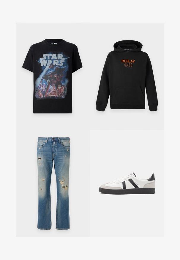Černá mikina s kapucí vyrobená z bavlněné směsi s klokaní kapsou. Na přední straně má oranžové logo "REPLAY" a plusové znaky.; Černé bavlněné tričko s barevným potiskem „Star Wars“, zobrazující Darth Vadera a různé postavy proti pozadí vesmíru.; Svetle modré džínové kalhoty s volným střihem, se zeslabenými detaily a roztrženými záplaty, standardním pětikapsovým designem a zapínáním na knoflík.; Bílé tenisky s černými a šedými akcenty, opatřené texturovaným šedým prstovým krytem, černou gumovou podrážkou a plochými bílými tkaničkami. Čistý design, minimalistický styl.