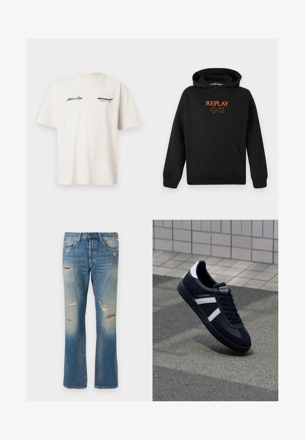 Schwarzer Hoodie aus Baumwollmischung mit einer Kängurutasche. Mit orangefarbener "REPLAY"-Logo und Pluszeichen auf der Vorderseite.; Weißes T-Shirt mit kurzen Ärmeln aus Baumwolle, mit schwarzem Text: "Born to Race" auf der linken Seite und "McLaren Formula 1 Team" auf der rechten Seite.; Hellblaue Denim-Jeans mit einer lockeren Passform, die verwaschene Details und fransige Patches aufweisen, mit dem klassischen Fünf-Taschen-Design und einem Knopfverschluss.; Schwarze Leder-Sneaker mit weißen Streifen, strukturiertem Gummisohle und Schnürung. Verfügt über ein Markenetikett auf der Zunge.