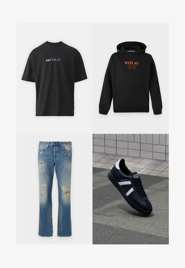 Czarny hoodie wykonany z mieszanki bawełny, z kieszenią typu kangur. Posiada pomarańczowe logo "REPLAY" oraz znaki plus na przodzie.; Replay MARTIN GARRIX czarny; Jasnoniebieskie dżinsy o luźnym kroju, z przetarciami i postrzępionymi łatami, z klasycznym pięciopocketowym wzorem i zapięciem na guzik.; Czarne skórzane sneakersy z białymi paskami, teksturowana gumowa podeszwa i sznurowane z przodu. Posiadają metkę marki na języku.
