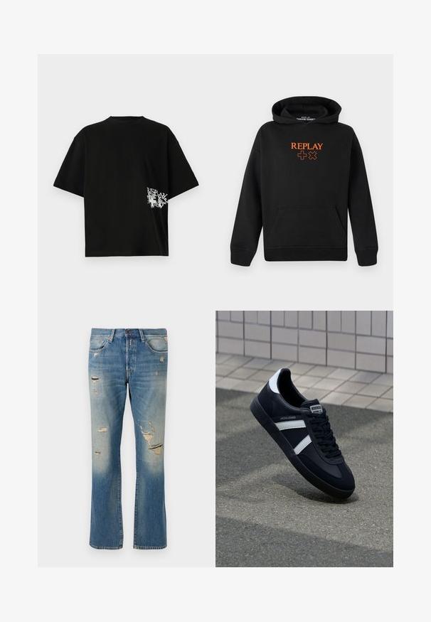 Melns kapuci, kas izgatavota no kokvilnas maisījuma, ar kangurū kabatu. Priekšpusē ir oranžs "REPLAY" logotips un plusa zīmes.; Melna pārāk liela t-krekla izgriezuma no kokvilnas; uz kreisās puses, tuvu apakšmalai, ir balta teksta un grafikas apdruka. Īsas piedurknes un apaļš kakla izgriezums.; Gaiši zili džinsi ar brīvu piegriezumu, ar nolietotiem elementiem un saplēstiem pleķiem, standarta piecu kabatu dizains un pogu aizdare.; Melnā ādas sporta apavi ar baltām svītrām, teksturēta gumijas zole un auklu aizdare. Iekļauj zīmola etiķeti uz mēles.