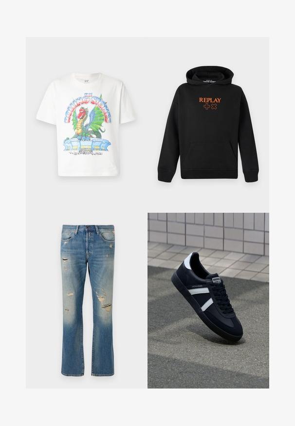 Melns kapuci, kas izgatavota no kokvilnas maisījuma, ar kangurū kabatu. Priekšpusē ir oranžs "REPLAY" logotips un plusa zīmes.; Baltā kokvilnas T-kreklā ir krāsains pūķa un stadionu grafiskais attēls, ar tekstu "The Rolling Stones" treknā, stilizētā burtu stilā.; Gaiši zili džinsi ar brīvu piegriezumu, ar nolietotiem elementiem un saplēstiem pleķiem, standarta piecu kabatu dizains un pogu aizdare.; Melnā ādas sporta apavi ar baltām svītrām, teksturēta gumijas zole un auklu aizdare. Iekļauj zīmola etiķeti uz mēles.