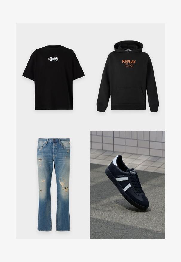 Melns kapuci, kas izgatavota no kokvilnas maisījuma, ar kangurū kabatu. Priekšpusē ir oranžs "REPLAY" logotips un plusa zīmes.; Melna kokvilnas t-kreklu ar apaļu kaklu, īsām piedurknēm un balto logo "REPLAY" uz priekšpuses. Minimālistisks dizains un brīvs piegriezums.; Gaiši zili džinsi ar brīvu piegriezumu, ar nolietotiem elementiem un saplēstiem pleķiem, standarta piecu kabatu dizains un pogu aizdare.; Melnā ādas sporta apavi ar baltām svītrām, teksturēta gumijas zole un auklu aizdare. Iekļauj zīmola etiķeti uz mēles.
