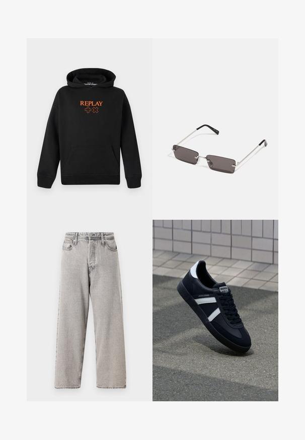 Černá mikina s kapucí vyrobená z bavlněné směsi s klokaní kapsou. Na přední straně má oranžové logo "REPLAY" a plusové znaky.; Šedé džíny s širokým střihem a vybledlým práním, pět kapes, poutka na opasek a kontrastní prošití. Hladká textura a rovný střih.; Černé kožené tenisky s bílými pruhy, texturovanou gumovou podrážkou a šněrováním vpředu. Obsahují značenou etiketu na jazyku.; Sluneční brýle s obdélníkovými tmavě šedými skly, stříbrnými kovovými rámy a černými plastovými konci na nožičkách. Lehké provedení s podložkami na nos.