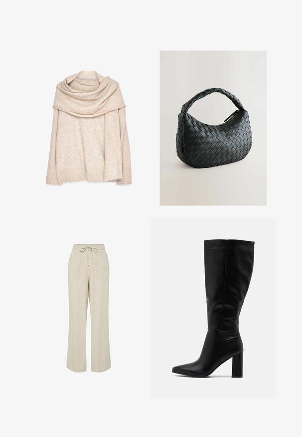 Šviesiai rudos spalvos megztinis su plačiu, drapiruotu kaklu, ilgomis rankovėmis ir įriebtų apykaklių. Minkšta tekstūra su subtiliu melange raštu.; Šviesiai smėlio spalvos lininės kelnės su laisvu įsilaisvinimu, su elastingu liemeniu ir reguliuojamu raišteliu, tiesiomis kojomis ir minkšta tekstūra.; RAID JORDANN - Aukštakulniai batai - black; Juoda nėrinių rankinė su apvalia forma, tekstūruotu paviršiumi ir storu pintu rankena. Yra užtrauktukas, užtikrinantis saugų laikymą.; Auksiniai metaliniai auskarai su banginiu dizainu; glotni, atspindinti paviršių; asimetriška forma; nematomi raštai ar aparatai.