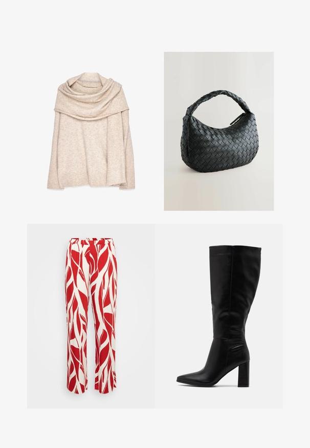 Beige, neulottu villapaita, jossa on leveä, roikkuva kaula-aukko, pitkät hihat ja resorit hihansuissa. Pehmeä rakenne, jossa on hienovarainen heather-kuvio.; Punokset punaisista ja valkoisista housuista, joissa on lehdesuunnittelu, leveä lahje, joustava vyötärö ja kevyestä materiaalista valmistettu.; RAID JORDANN - Korolliset saappaat - black; Mustakudottu käsilaukku, jossa on pyöreä muoto, tekstuuri pinta ja paksu punottu kahva. Varustettu vetoketjulla turvallista säilytystä varten.; Hopeakauppaketju, jossa on aaltoileva, veistoksellinen muotoilu ja kiiltävä pinta, esittelee epäsäännöllisiä muotoja, korostaen nykyaikaista estetiikkaa.