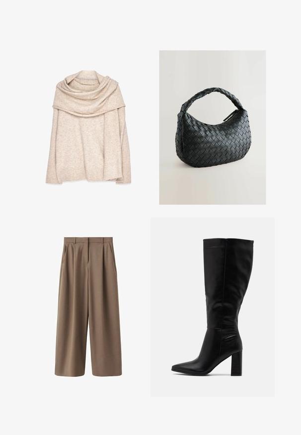 Beige, gebreide pullover met een brede, gedrapeerde halslijn, lange mouwen en geribbelde manchetten. Zachte textuur met een subtiel gemêleerd patroon.; Bruine, wijde broek met een gladde textuur, voorplooien en een hoge taille. Heeft een op maat gemaakte ontwerp en zijzakken.; RAID JORDANN - Laarzen met hoge hak - black; Zwarte geweven handtas met een ronde vorm, textuur oppervlak en een dikke gevlochten handgreep. Beschikt over een ritsluiting voor veilige opberging.; Gouden metallic oorbellen met een golvend ontwerp; glad, weerspiegelend oppervlak; asymmetrische vorm; geen zichtbare patronen of hardware.