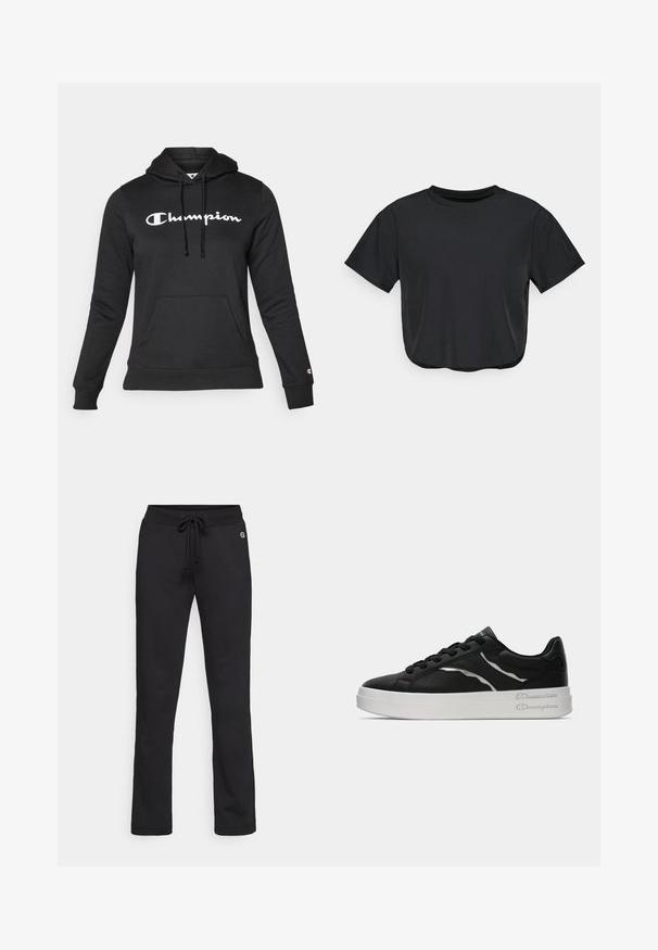 Black hoodie made of soft fabric featuring a front pouch pocket, drawstrings, and a prominent white "Champion" logo on the chest.; Black cropped t-shirt made of soft material, featuring a round neckline, short sleeves, and a relaxed fit. Subtle stitching details.; Black sweatpants made of soft material, featuring a drawstring waist, straight legs, and subtle logo detail on the upper side.; Black leather sneaker with white sole, featuring thin silver accents and lace-up design. Smooth texture with branded detailing on the heel.