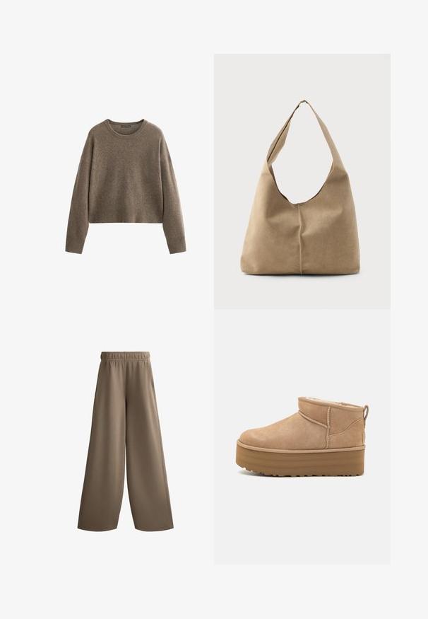 Hnedý skrátený sveter z mäkkého materiálu, s okrúhlym výstrihom a rebrovanými manžetami a lemom. Jednoduchý, textúrovaný dizajn s dlhými rukávmi.; Hnedé široké nohavice s elastickým pásom, vyrobené z hladkej látky, s bočnými vreckami a priamym, voľným strihom.; Béžové semišové členkové topánky s mäkkým interiérom, vybavené platformovou podrážkou a malým úchytom na zadnej strane pre jednoduché obúvanie. Textúrovaná gumová podrážka.; Hobo taška z mäkkej béžovej semišovej kože so splývavým tvarom, širokým ramenným popruhom a ručne šitým detailom švu na prednej strane.