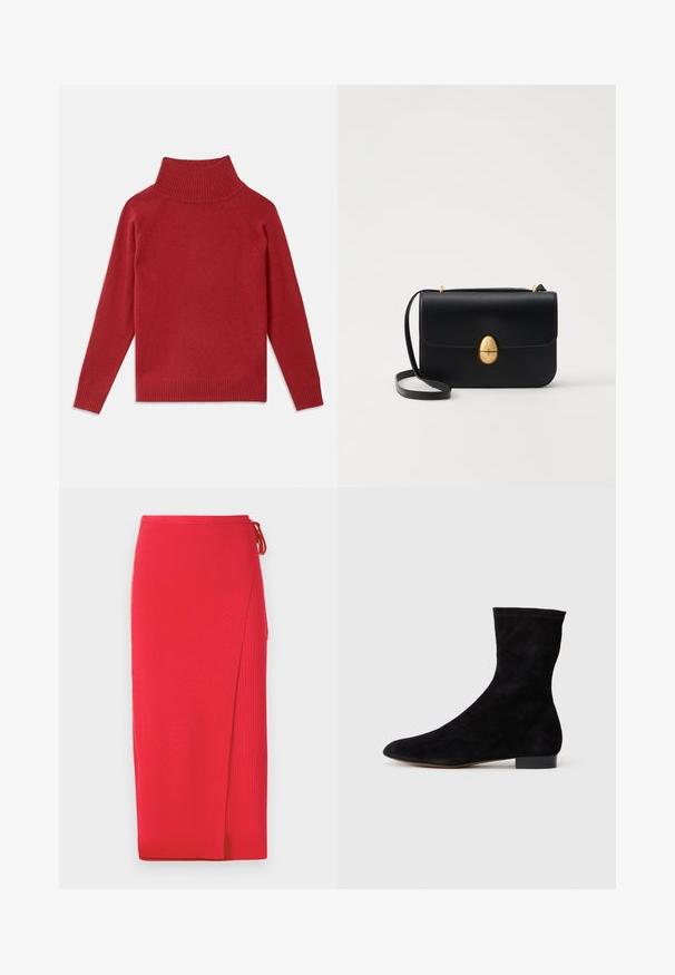 Raudona trumpa suknelė, pagaminta iš minkštos trikotažo medžiagos. Savybės: su raukšlėta apykakle ir rankogaliais, laisvas pjūvis ir be siūlių petukai.; Raudona raibota mezgimo midi sijonas su šoniniu įpjovimu, su raišteliu juosmens srityje. Lygus tekstūra su prigludusia siluetu.; Juoda zomšo kulkšnė su prigludusia ašimi, smailiu pirštu ir žemu bloku. Lygus paviršius ir minimalistiškas dizainas, tinkantis įvairiems stiliams.; Juodas odinis rankinukas su struktūrine stačiakampio forma. Yra auksinė ovali sagtis ir plona petneša. Glotni tekstūra.